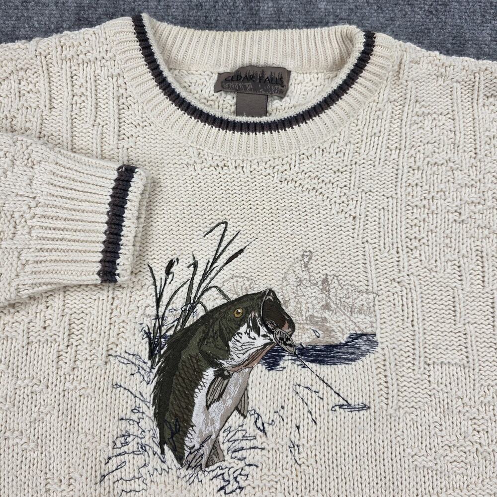 Cedar Falls Sweater Mens XL Cream Cotton Crewneck Fish Embroidered Knit USA Made